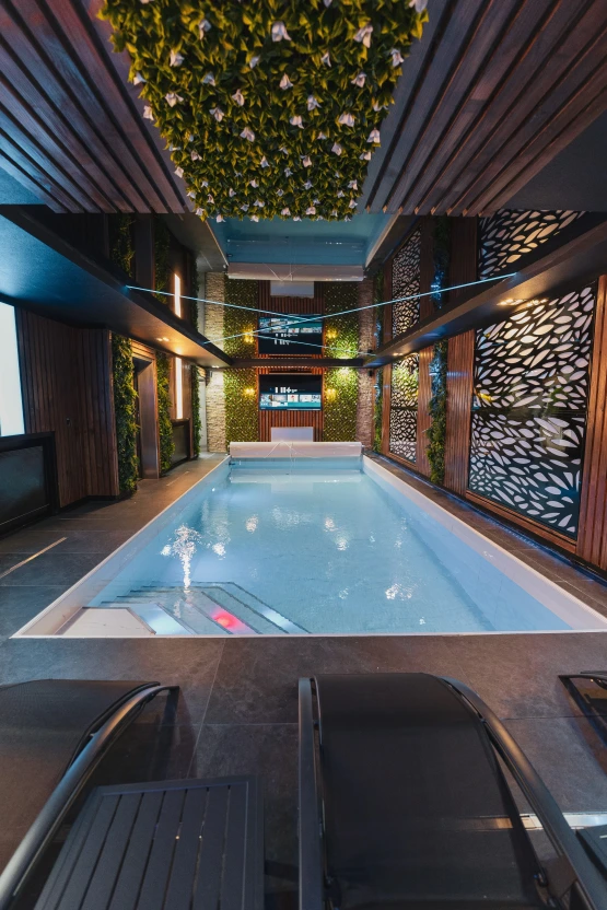 Dieses Bild zeigt den Pool. Es befinden sich Akustikpaneele aus Holz sowie dekorative Pflanzen an der Wand. An der anderen Ende der Wand befindet sich ein großer Flachbild TV.